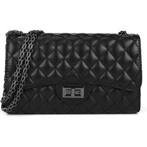Women Black PU Quilted Stylish Crossbody Bags with Chain Strap & Flap Closure